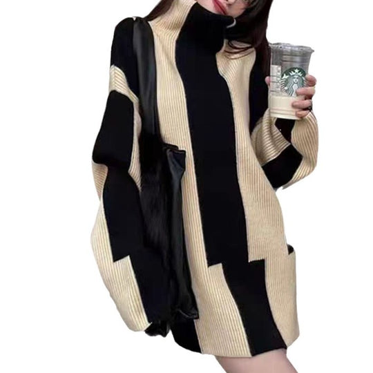 Damen Oversized Strickkleid mit hohem Kragen und grafischem Muster EB