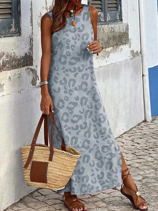 Damen Maxikleid mit modernem Leopardenmuster und ärmellosem Design EB