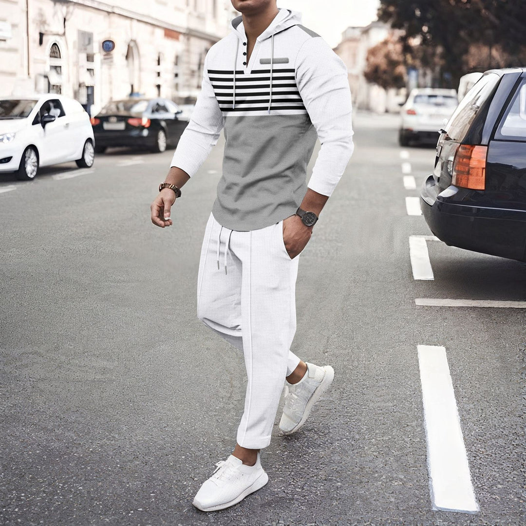 Herren nan Henley-Kapuzen-Lounge-Set mit Streifenpasse, Halbknopfleiste und konischer Jogginghose EB