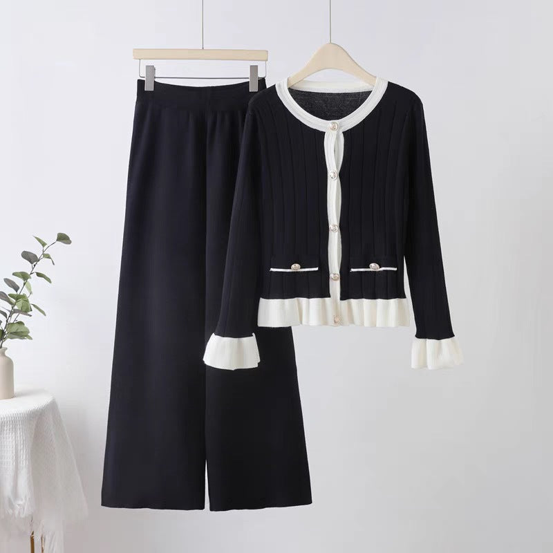 Damen elegantes Strick-Loungewear-Set mit aufgesetzten Taschen und Rüschen EB