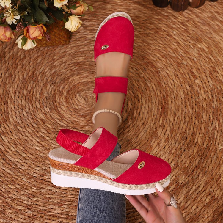 Damen  Espadrille-Keilpantoletten mit elastischem Fersenriemen, Veloursoptik-Obermaterial und geflochtenem Jute-Plateau EB