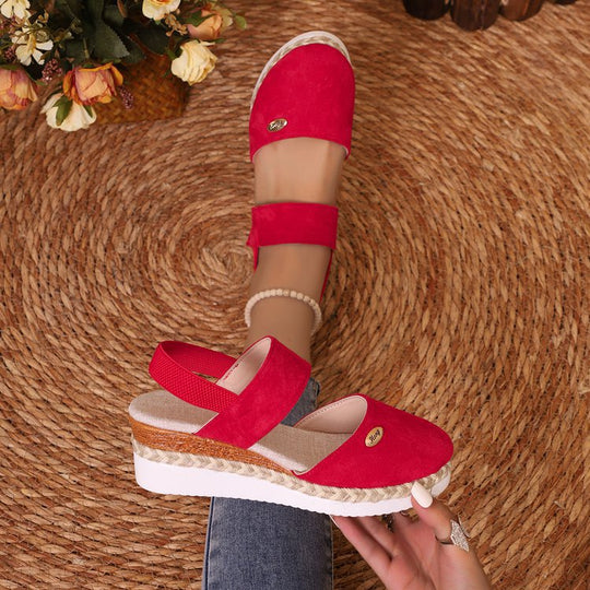 Damen  Espadrille-Keilpantoletten mit elastischem Fersenriemen, Veloursoptik-Obermaterial und geflochtenem Jute-Plateau EB