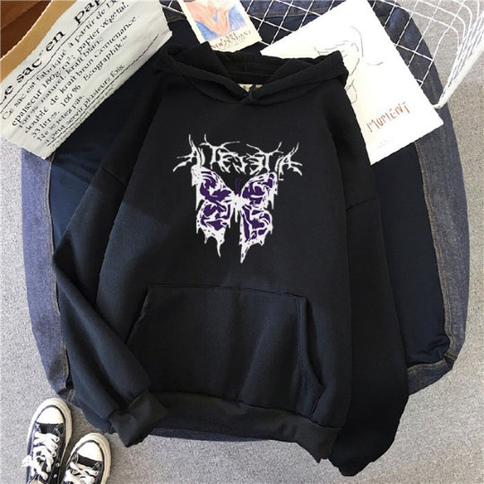 Damen nan Oversize-Kapuzenpullover mit gothischer Schmetterlings-Illustration und Kängurutasche EB