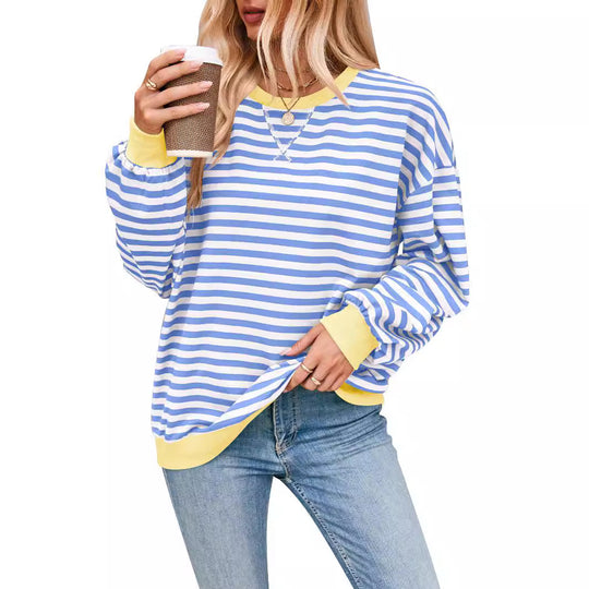 Damen lässiger Oversized Sweatshirt mit bunten Streifen und Kapuzenkordel EB