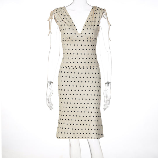 Damen Elegantes Polka-Dot Kleid mit tiefem V-Ausschnitt und verstellbaren Schulterbändern EB