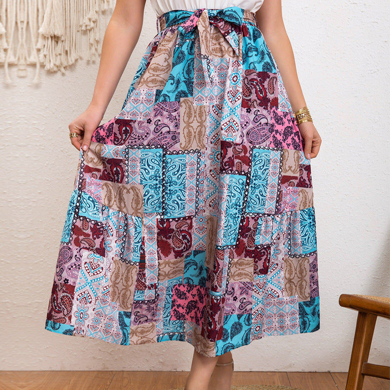 Damen Maxirock mit buntem Patchwork-Design und Taillengürtel EB