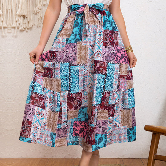 Damen Maxirock mit buntem Patchwork-Design und Taillengürtel EB