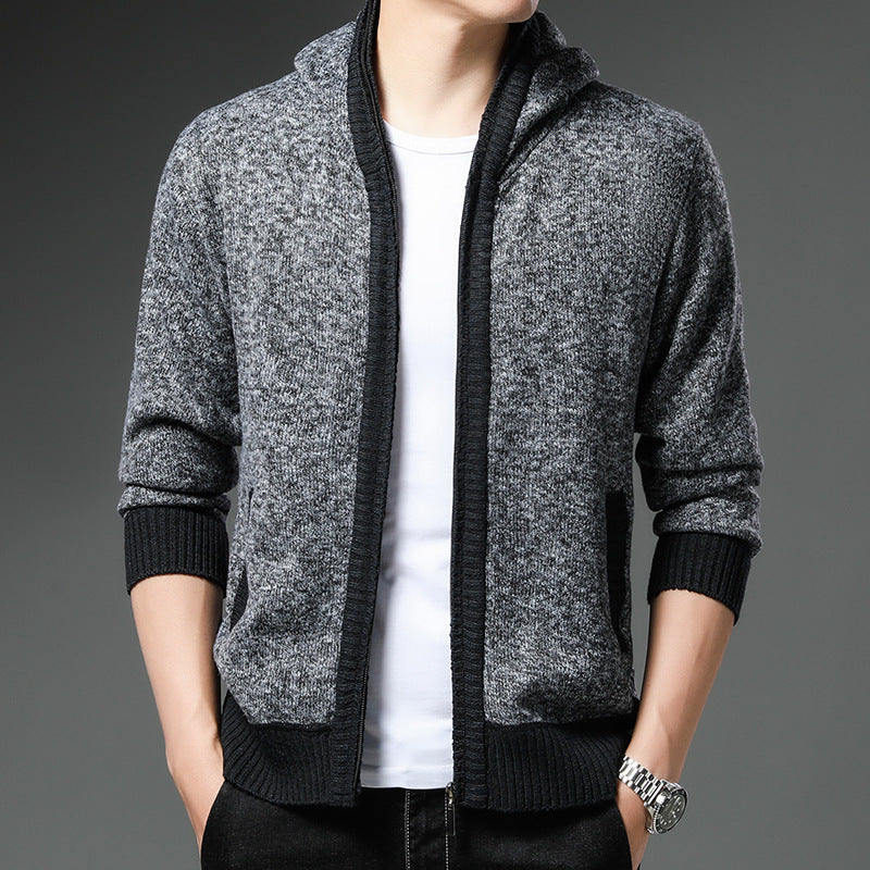 Herren Moderne Strickjacke mit Kapuze und schwarz-weißen Akzenten EB