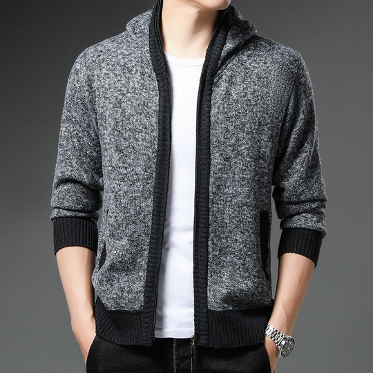 Herren Moderne Strickjacke mit Kapuze und schwarz-weißen Akzenten EB