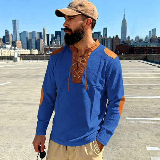 Herren Waffelstrick-Langarmshirt mit Schnürung und Kunstvelours-Ellbogenpatches EB