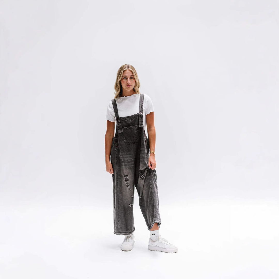Damen Latzhose mit modischen Destroyed-Details und weitem Schnitt EB