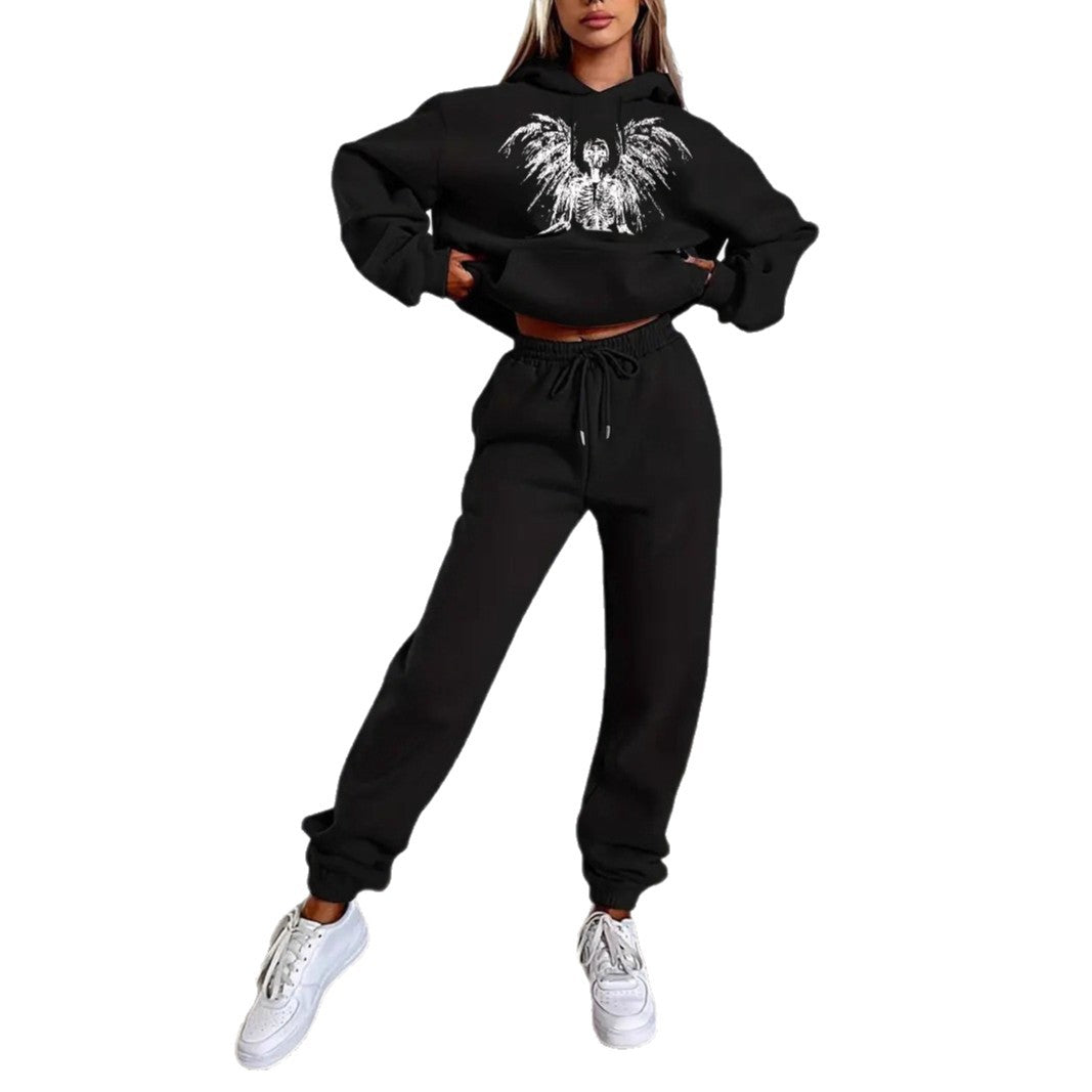 Damen nan zweiteiliges Lounge-Set Kapuzenpullover Cropped und High-Waist Jogginghose mit Engelsmotiv und elastischem Bund EB