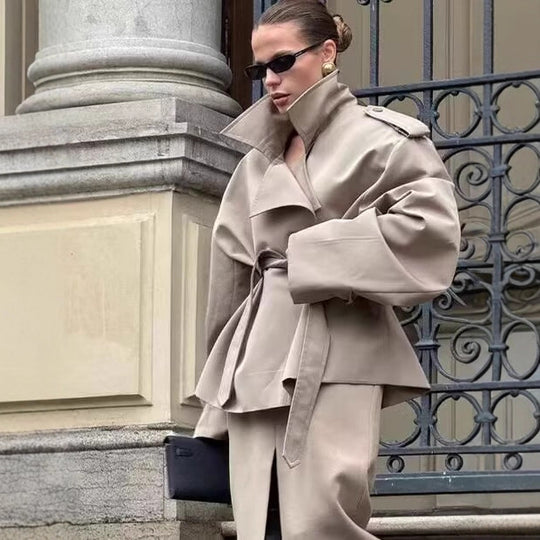 Damen nan kurze Trenchcoat-Jacke mit Taillengürtel und Doppelreiher EB