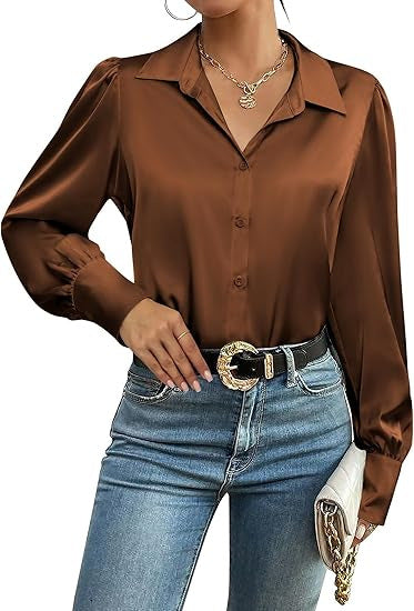 Damen Seidenoptik-Bluse mit Hemdkragen, verdeckter Knopfleiste und langen Manschetten EB