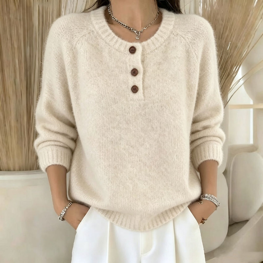 Damen Kuscheliger Rundhals-Henley-Pullover mit Knopfleiste und Raglanärmeln EB