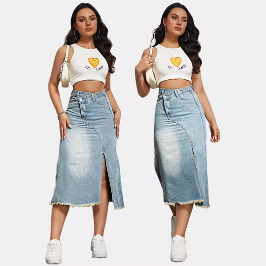 Damen Midi-Jeansrock mit hoher Taille und modischem Fransenabschluss EB