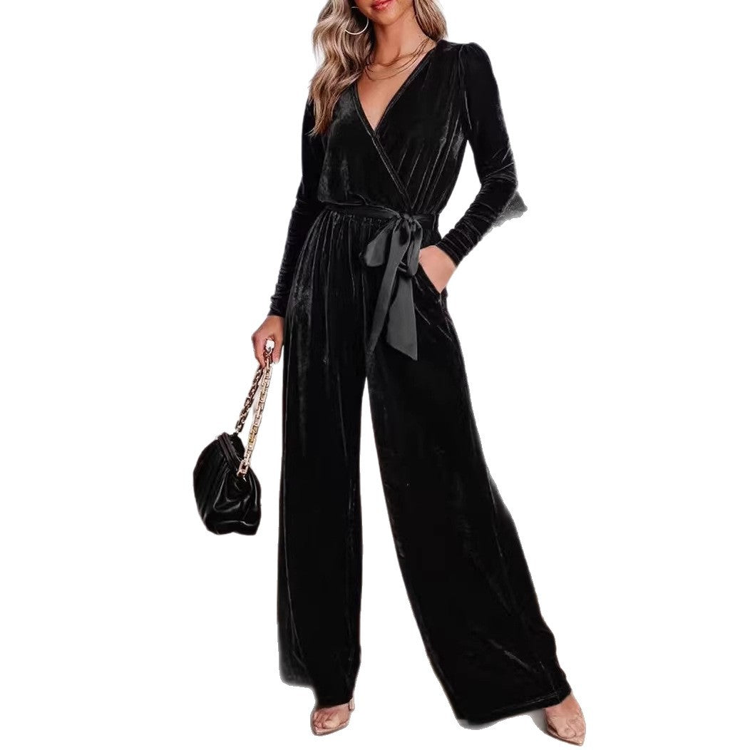 Damen Samt‑Jumpsuit mit Wickel‑V‑Ausschnitt, weitem Bein und Taillengürtel EB