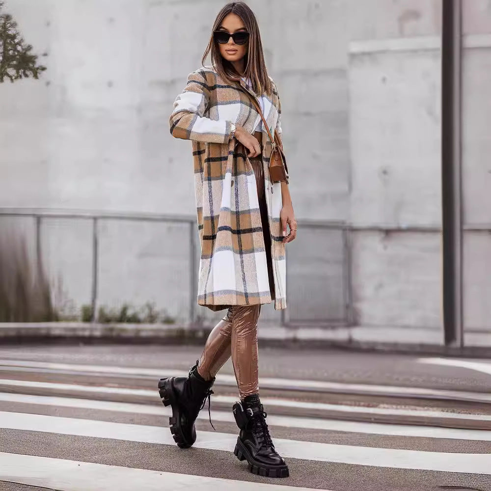 Damen Langer Wollmantel mit kariertem Muster und taillierbarem Gürtel EB