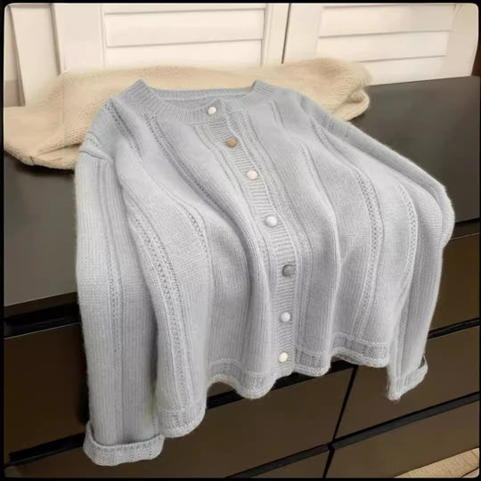 Damen Grobstrick-Cardigan mit geschmackvollem Knopfverschluss und weiten Ärmeln EB