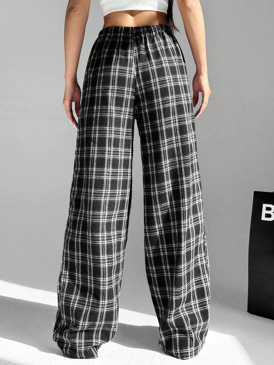 Damen lässige Karohose mit elastischem Bund und Kordelzug EB
