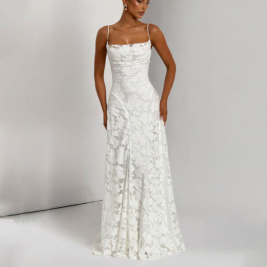 Damen Maxikleid mit floralem Spitzenmuster und schwingendem Rock EB