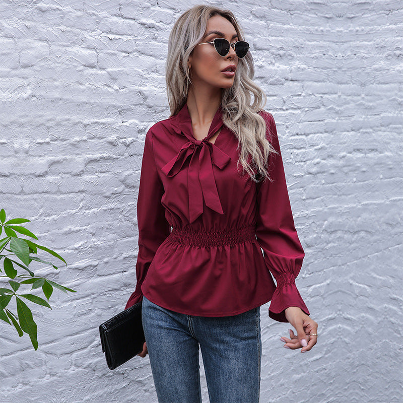 Damen elegante Bluse mit Schleifen-Ausschnitt und elastischem Bund EB