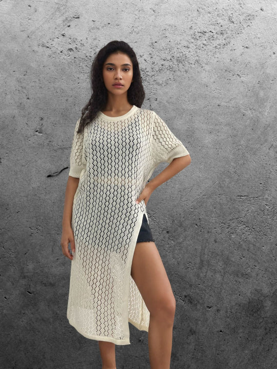 Damen Langer Strick-Kimono mit offenem Design und atmungsaktiver Maschenstruktur EB