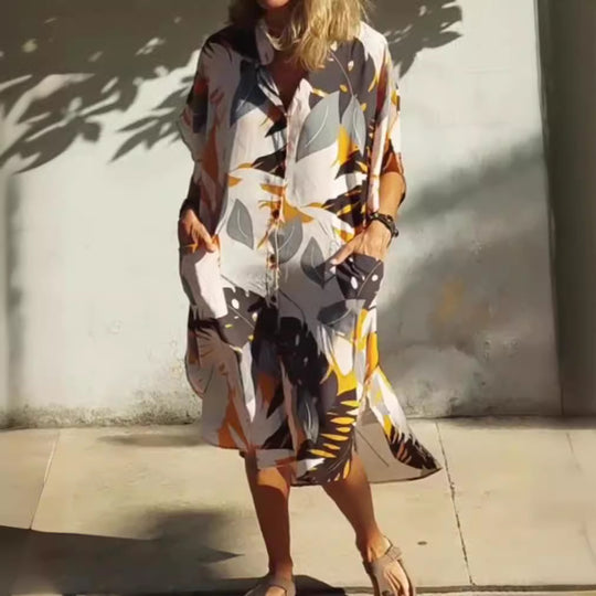 Damen Hemdblusenkleid im modischen Leaf-Design mit praktischen Taschen Heidi-Mode
