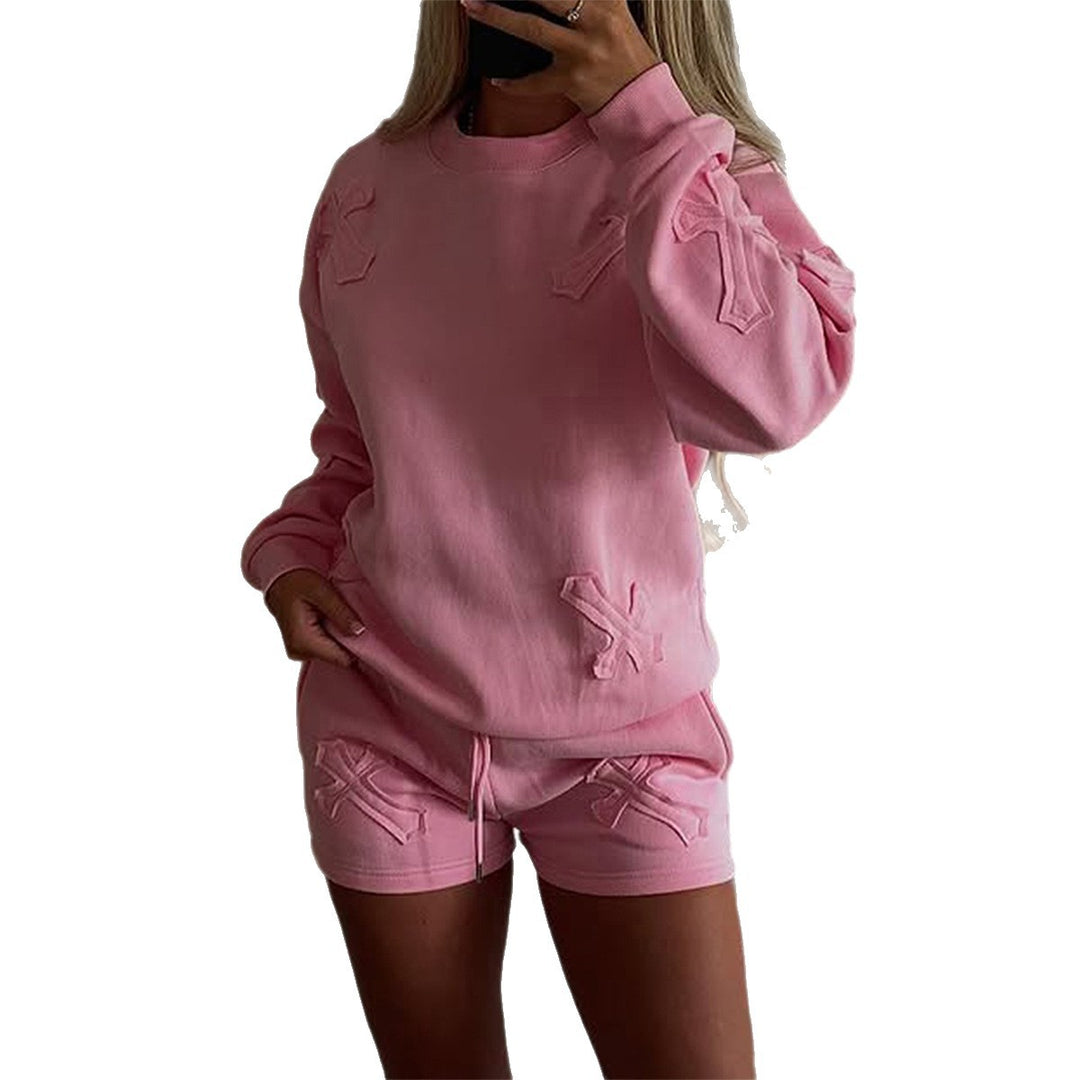 Damen nan lässiges Sweatshirt- und Short-Set mit dekorativen Schleifen-Applikationen, hohem Rundhalsausschnitt und Tunnelzugbund EB