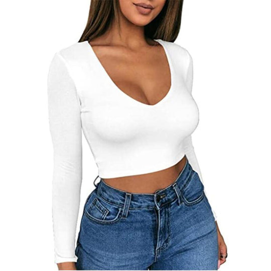 Damen modisches Crop-Top mit tiefem V-Ausschnitt und langen Ärmeln EB