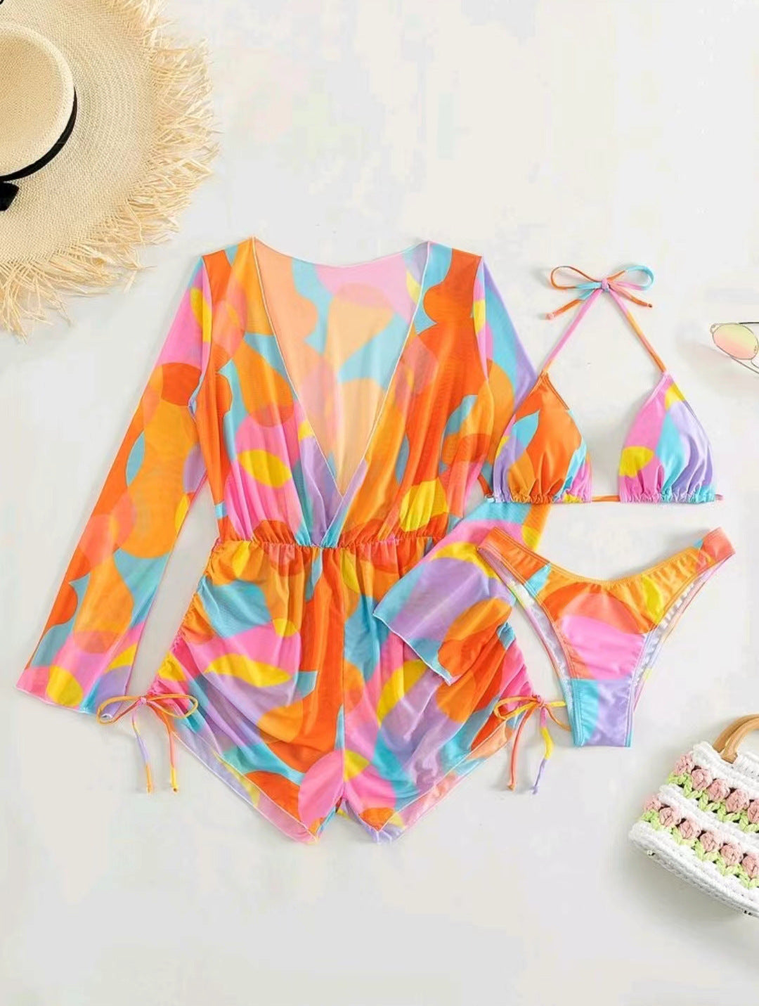 Damen Strand-Outfit mit langärmliger Überbluse und Bikini EB