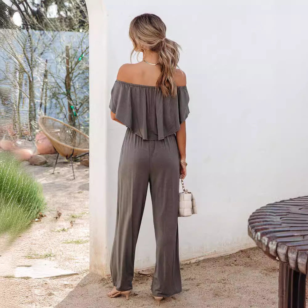 Damen Off-Shoulder Jumpsuit mit weitem Bein und elastischem Bund EB
