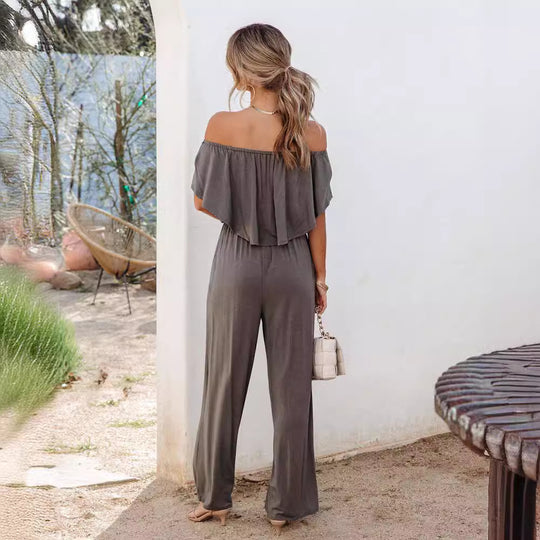 Damen Off-Shoulder Jumpsuit mit weitem Bein und elastischem Bund EB