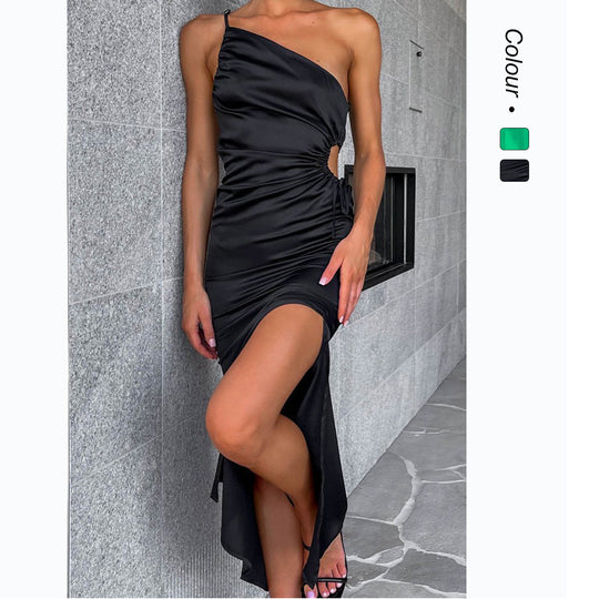 Damen Elegant Drapiertes Maxikleid mit asymmetrischem Schnitt und hohem Schlitz EB