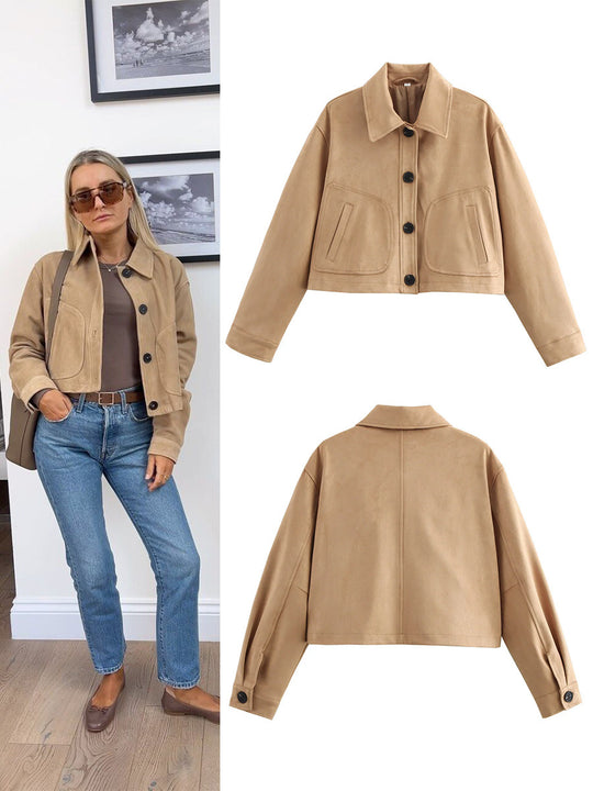 Damen cropped Jacke aus hochwertigem Wildlederimitat mit großen Taschen EB
