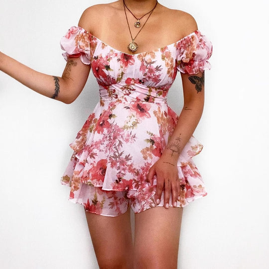 Damen Kurzarm Overall mit romantischem Blumenmuster und fließendem Schnitt EB