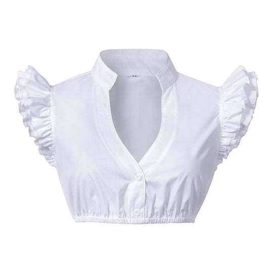 Damen nan Spitzenbolero Bluse mit Stehkragen, 3/4 Ärmeln und Bindeband EB
