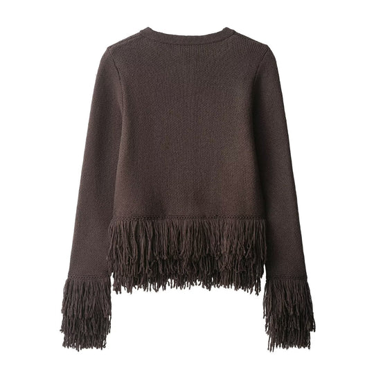 Damen Fransen Strickjacke mit eleganter Knopfverschlusstechnik EB