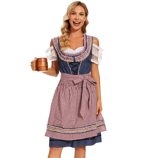 Damen nan traditionelles Dirndlkleid mit kariertem Schürzenrock, Schnürung und Spitzenärmeln EB