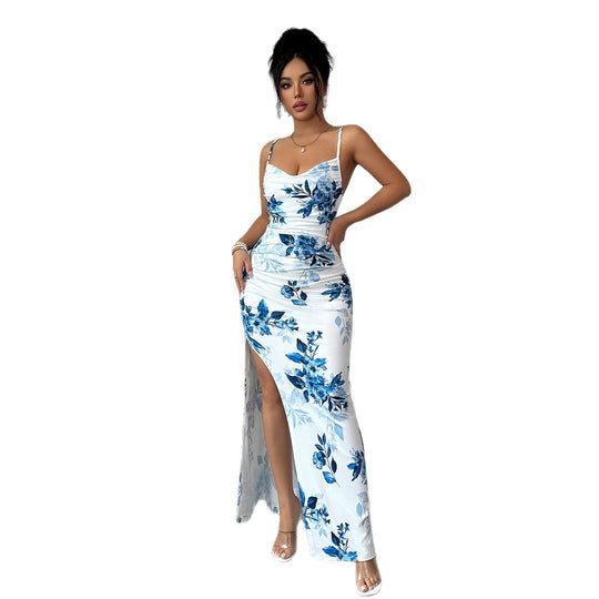 Damen Maxi-Kleid mit seitlichem Schlitz und blumigem Design EB