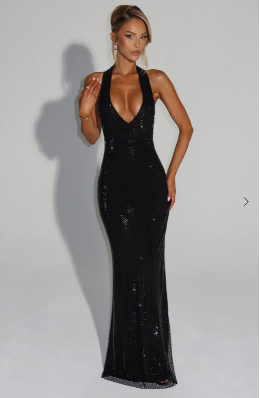 Damen Glitzerndes Abendkleid mit tiefem V-Ausschnitt und elegantem Rückenausschnitt EB