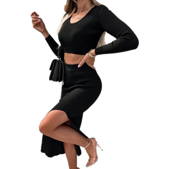 Damen Figurbetonendes Rippstrick-Set mit langem Arm und Schlitz-Wickelrock EB
