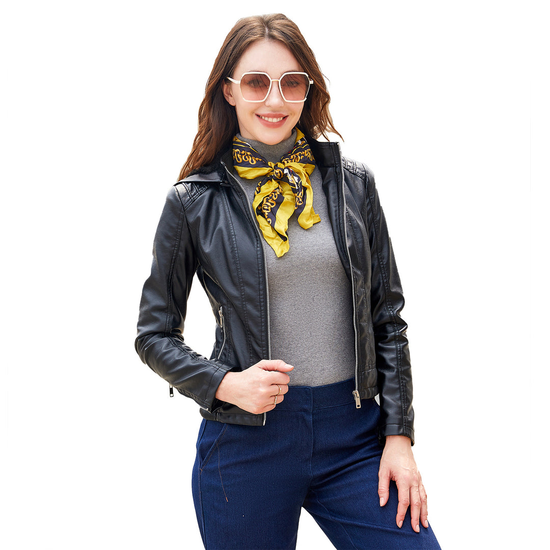 Damen nan taillierte Kunstlederjacke mit Kapuze, wattiertem Innenfutter und verdeckten Reißverschlusstaschen EB