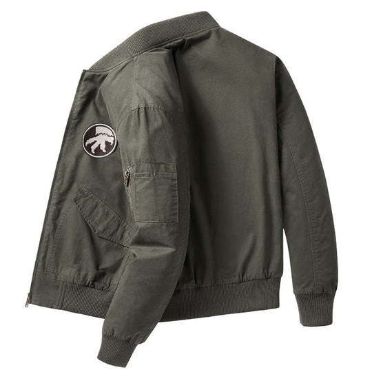 Men's  short-length flight bomber jacket with embroidered shoulder patch sleeve zip pocket and ribbed collar cuffs hem EB