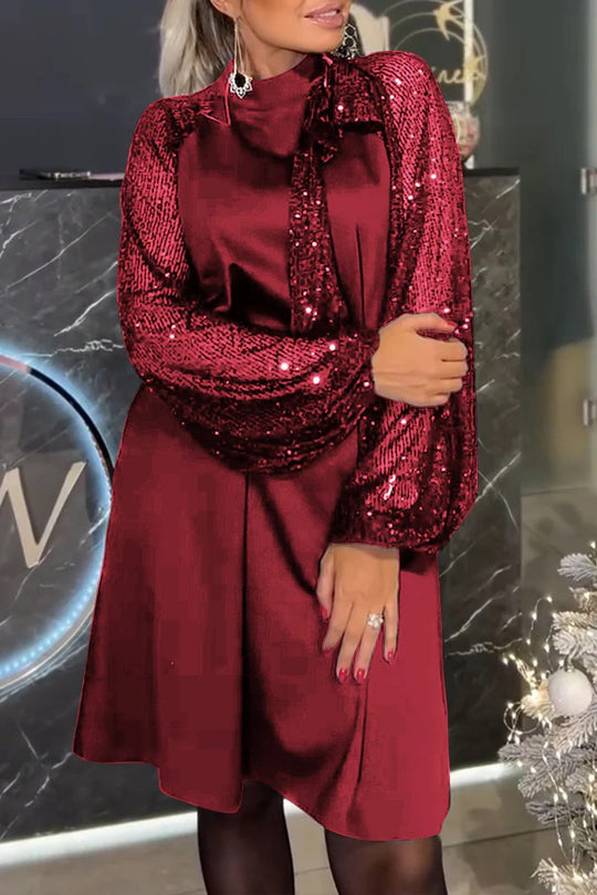 Damen Elegantes Kleid mit glitzernden Ärmeln und festlichem Kragen EB