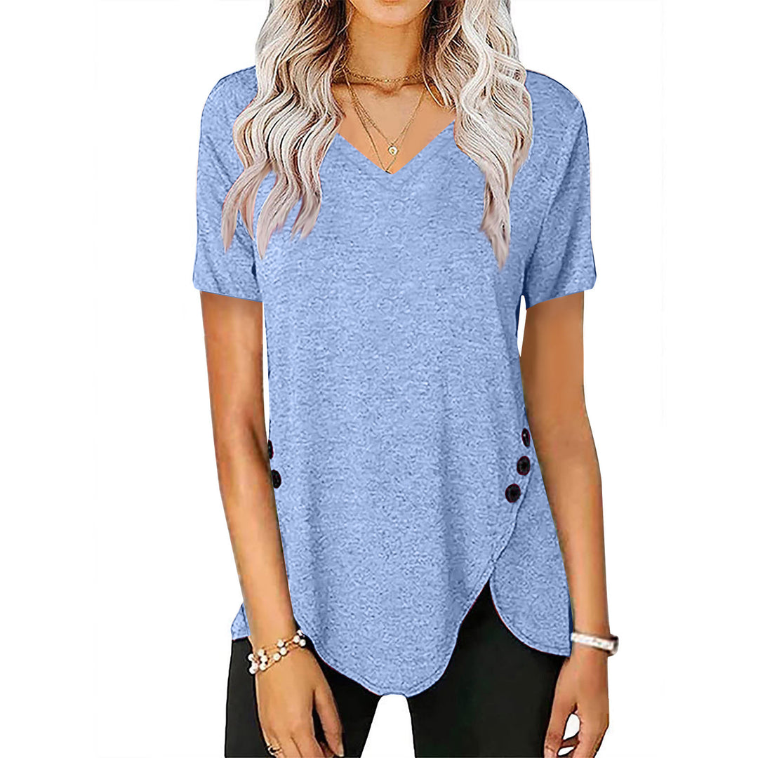 Damen lässiges V-Ausschnitt T-Shirt mit asymmetrischem Saum und dekorativen Knopfdetails EB
