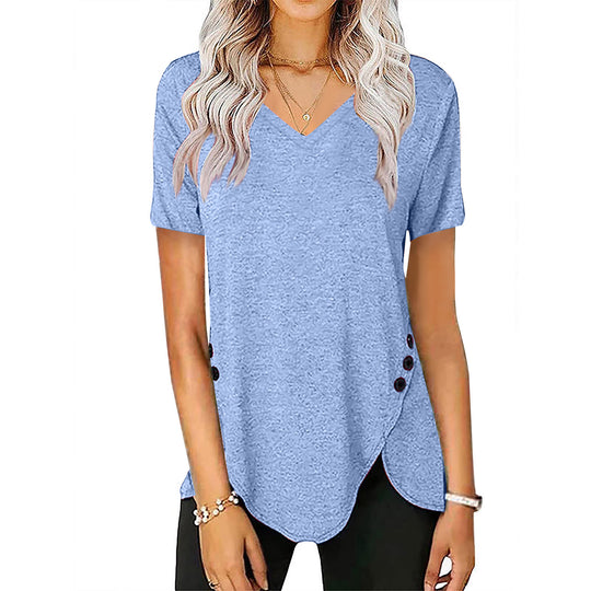 Damen lässiges V-Ausschnitt T-Shirt mit asymmetrischem Saum und dekorativen Knopfdetails EB