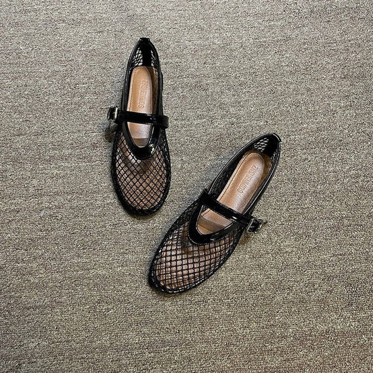 Damen Ballerina-Schuhe mit Netzdesign und verstellbarem Riemen EB