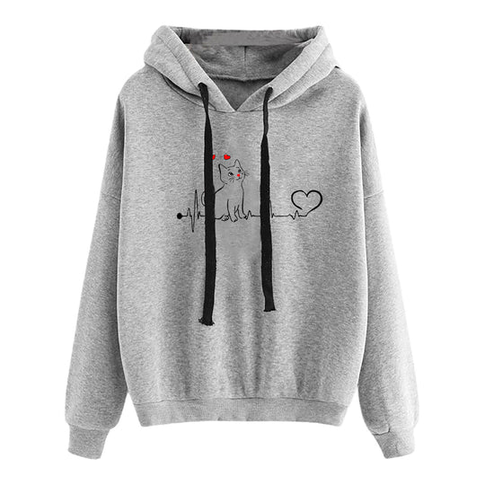 Damen nan leichter Oversize Kapuzenpullover mit Herz‑EKG‑Motiv, langen Kordeln und elastischem Bund EB