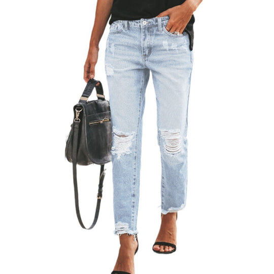 Damen Destroyed Mom Jeans mit Fransen und lässigem Schnitt EB